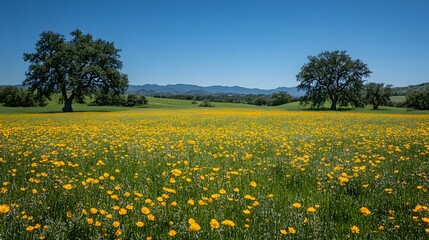 Fototapeta premium Vibrant landscape of a golden flower field under a clear blue sky.