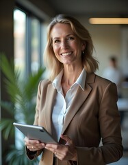 Fototapeta premium Mature busy happy businesswoman bank manager, older female corporate executive holding digital tablet standing at work. Middle aged professional business woman using tab computer in office.