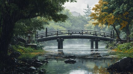 Fototapeta premium A serene wooden bridge over a tranquil river surrounded by lush greenery in the rain.