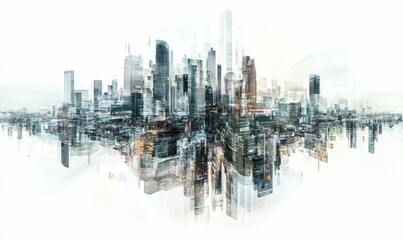 Fototapeta premium Abstract cityscape, double exposure, modern architecture.