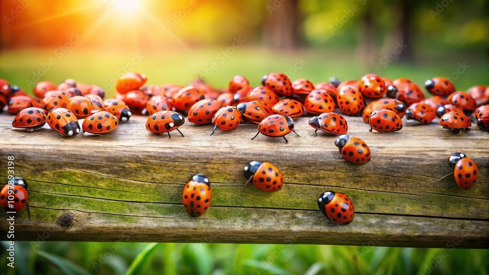 Poster a cluster of ladybugs gather on a weathered wooden surface, bathed in the soft glow of a setting sun