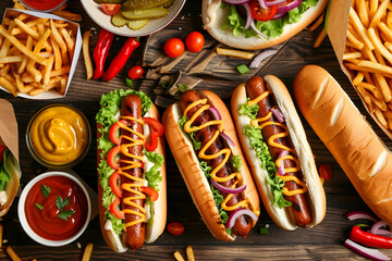 top view of delicious hot dogs with corn, green onion and mayonnaise near french fries and beer on