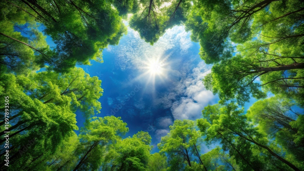 Poster sunlight streaming through a canopy of lush green trees creating a vibrant, natural frame for the sk