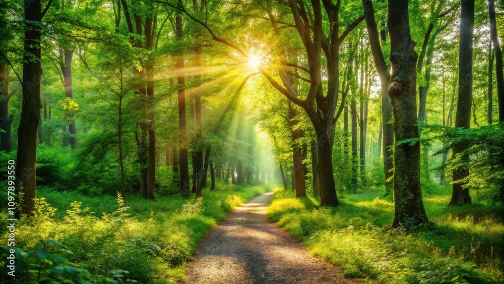 Poster sunbeams illuminate a winding forest path through a canopy of lush green foliage, dappling the groun