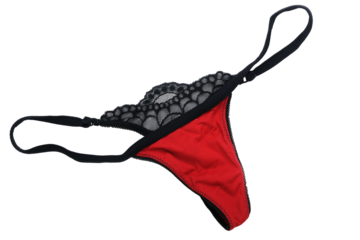 Women's sexy red thong panties on a white background. 