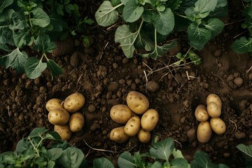 top view of potato tubers on ground in field