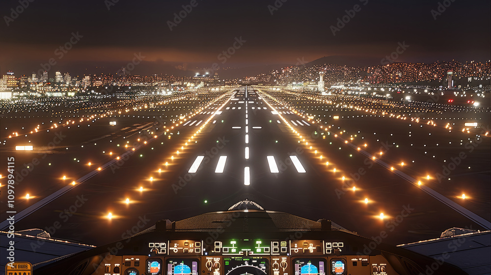 Poster a nighttime landing from the perspective of a cockpit approaching a runway. the runway lights should