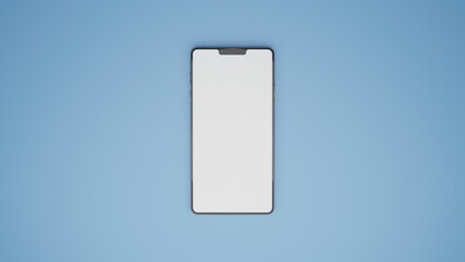 Top view 3D rendering smartphone mockup with empty white screen on blue background
