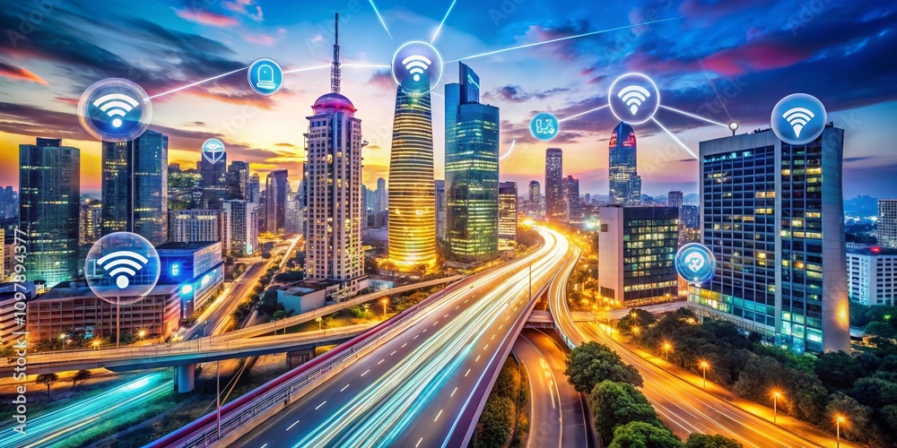 Poster high-speed internet connection quality check in urban setting with cloud technology visuals and mode