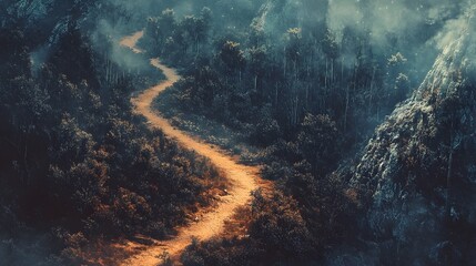 Obraz premium A winding path through a misty forest at twilight, evoking a sense of mystery.