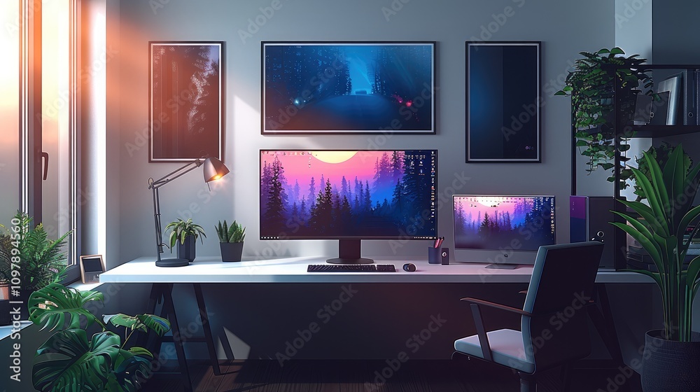 Leinwandbilder a modern home office setup for a web designer in a cozy bedroom. the workspace features a minimalist