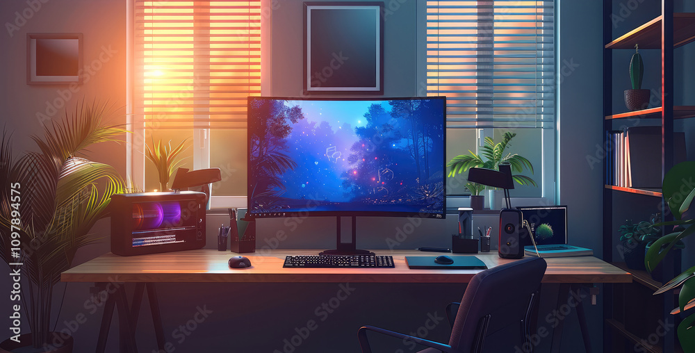Fototapete a modern home office setup for a web designer in a cozy bedroom. the workspace features a minimalist