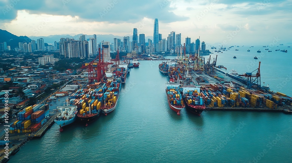Poster aerial view of a busy port city with container ships and skyscrapers.