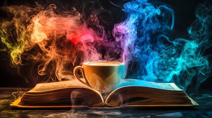 A steaming coffee cup rests on an open ancient book with colorful smoke