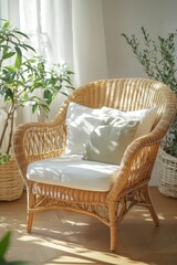 Wicker armchair, cushions, plants, sunlit room.