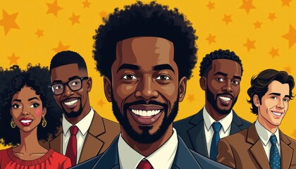 Black History Month celebration poster. BHM Wallpaper. African-American people background in warm colors 2D drawing art style