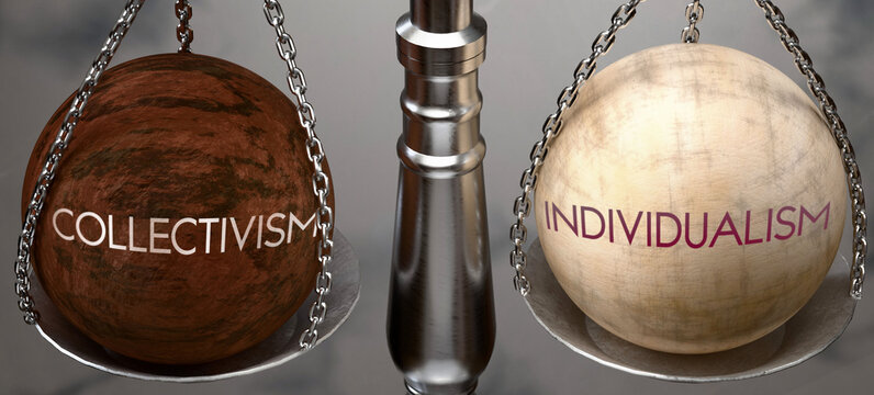 Collectivism or Individualism - weighing two choices, available options. Choosing between collectivism or individualism. Two different course of actions. ,3d illustration