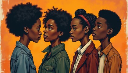 Black History Month celebration poster. BHM Wallpaper. African-American people background in warm colors 2D drawing art style