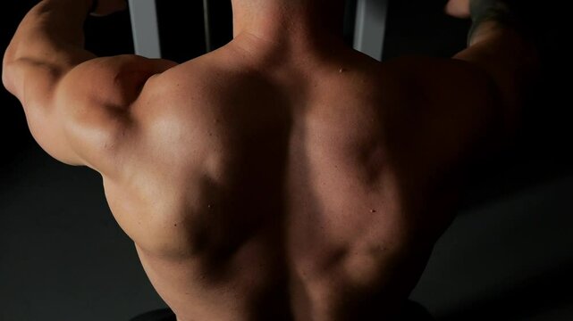 Close-up view of the muscular back of a bodybuilder working out on a gym machine, a man pumping the muscles of his chest and back. The relief muscles of the athlete's back.Silhouette, black background