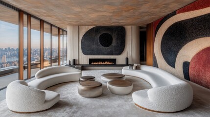 A bright living area with plush white seating, a roaring fire, and a statement mirror