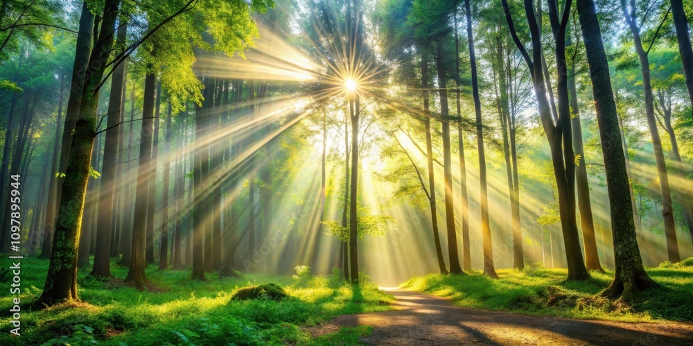 Poster Sunlight streams through a dense forest canopy, casting long shadows on the green grass and a winding path