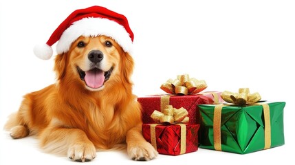 A cheerful puppy wearing a Santa hat beside a stack of wrapped gifts