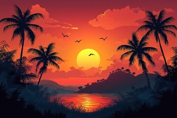 Obraz premium Serene tropical sunset with palm trees and vibrant sky