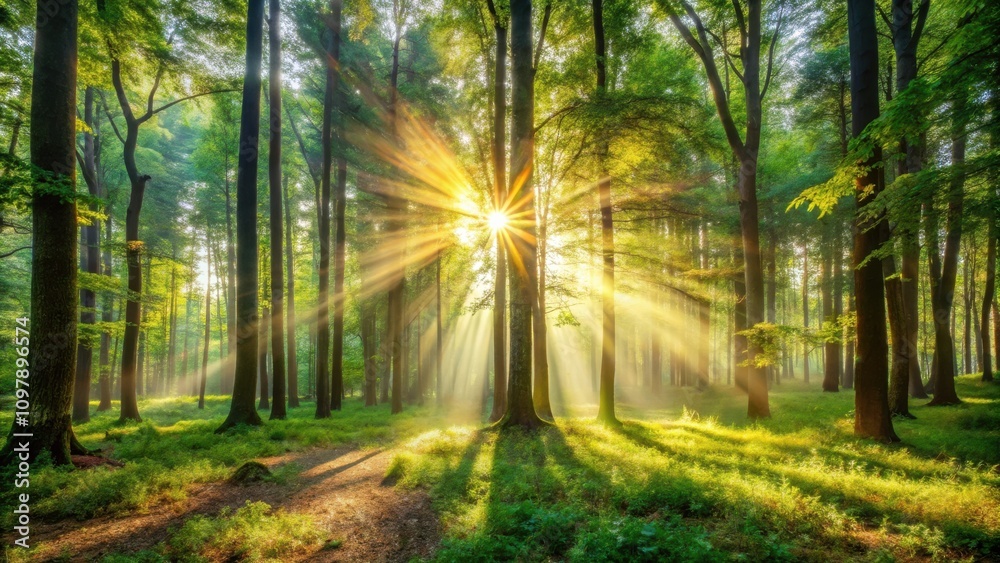 Poster sunbeams pierce through the canopy of a dense, lush forest, creating a magical, ethereal atmosphere.