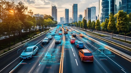 Futuristic highway scene with traffic and digital elements in a bustling cityscape.