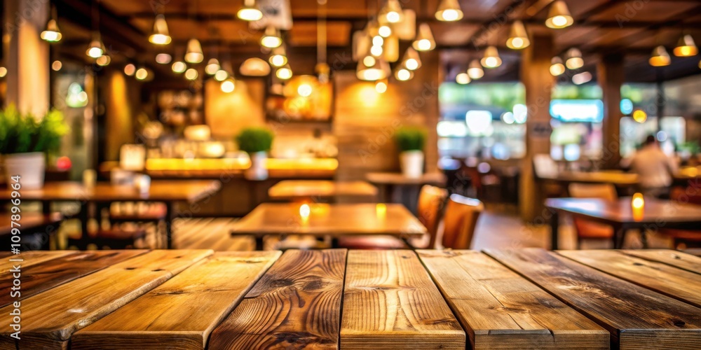 Poster warm, inviting wooden table with a blurry cafe background featuring rows of tables and chairs, lit b