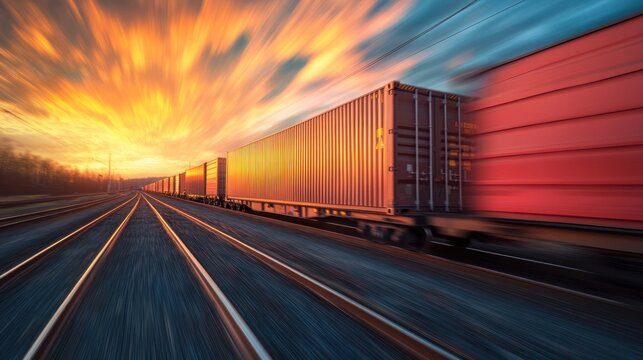 a freight train in motion, featuring containers on a flatbed wagon blurring past against a backdrop of a bright sunset.