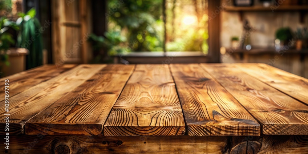 Poster rustic wooden table top with a blurred background of greenery and sunlight through a window