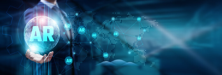 Obraz premium Hand touching a global network with connections across technology, augmented reality (AR), and a futuristic world, symbolizing interconnected innovation and digital advancement.