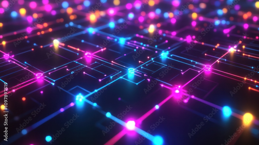 Poster blockchain network with multiple nodes and connections radiating outward. each node is illuminated w
