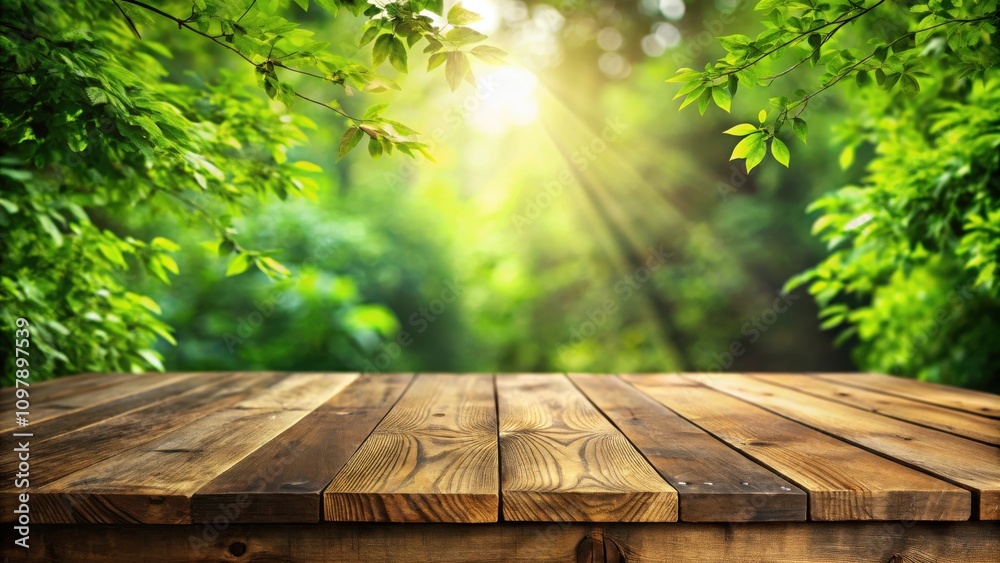 Poster rustic wooden table surface with a blurred background of lush greenery and dappled sunlight, perfect