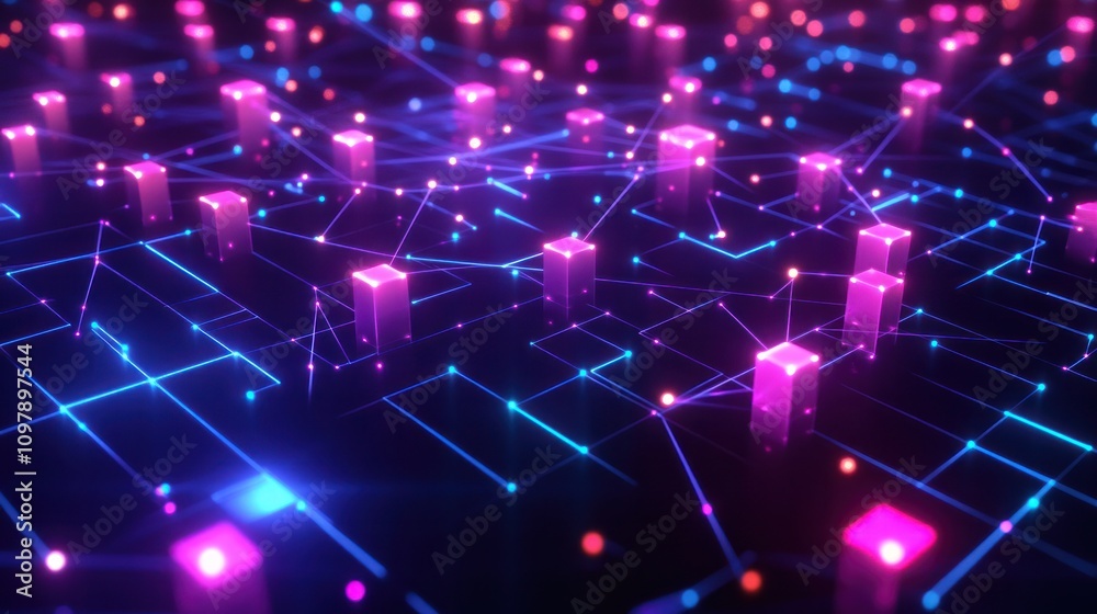 Poster blockchain network with multiple nodes and connections radiating outward. each node is illuminated w