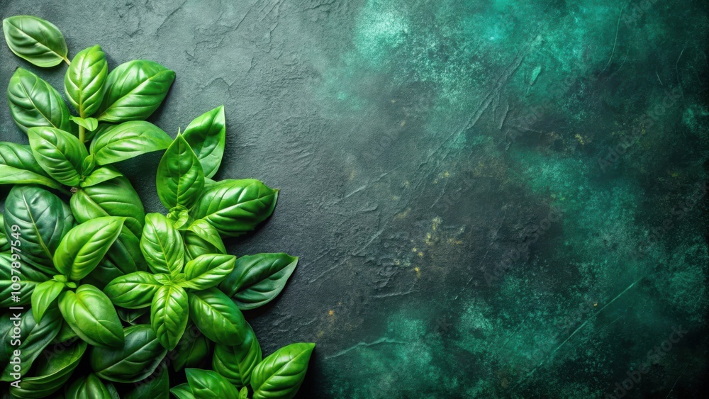 Poster a lush border of vibrant green basil leaves against a textured dark green backdrop, creating a natur