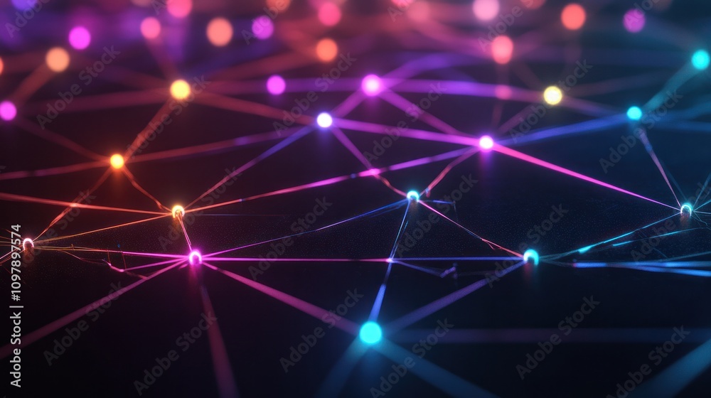 Poster blockchain network with multiple nodes and connections radiating outward. each node is illuminated w