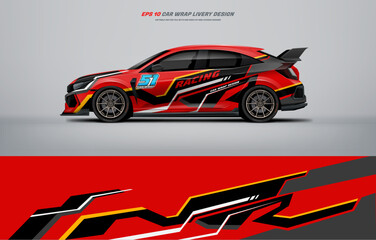 Fototapeta premium Sport racing Car branding with racing wrap decal or livery design. Abstract racing graphic red with background. Editable vector templates