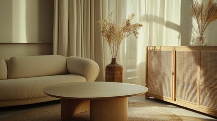 Beige couch and wooden cabinet in a sunlit room with dried flowers. Tranquil and minimalist interior design.