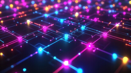Fototapeta premium blockchain network with multiple nodes and connections radiating outward. Each node is illuminated with neon colors,