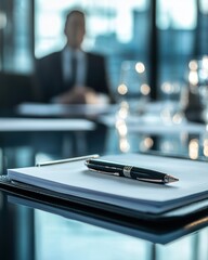 Elegant black pen resting on a notebook in a modern office setting, with a businessman in background.