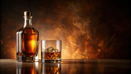 A Full Bottle of Amber Liquid Next to a Glass with Ice Cubes on a Wooden Surface Against a Brown, Blurry Background