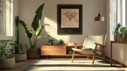 Sunlight streams into a minimalist living room, illuminating a comfortable armchair and lush potted plants. A world map print hangs on the wall, adding a touch of global flair.