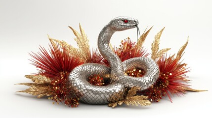 Obraz premium Stunning 3D Representation of a Silver Snake Surrounded by Flowers