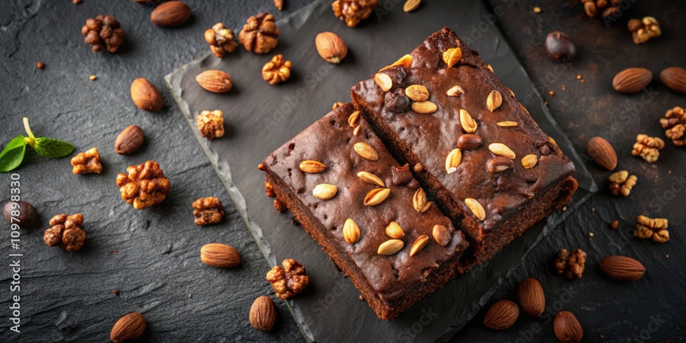 Poster two squares of chocolate brownie topped with almonds and walnuts on a black slate surface