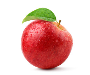 Fresh red apple with leaf and water droplets isolated on white background. Clipping path.