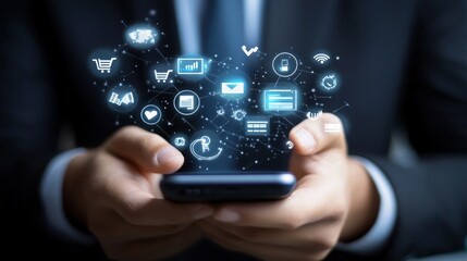 image should feature a business professional using a smartphone, with floating message bubbles representing SMS notifications, promotional offers, AI Generative