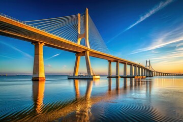 Fototapeta premium Vasco Da Gama Bridge Architectural Photography AI Art, Lisbon Bridge, Portugal Skyline