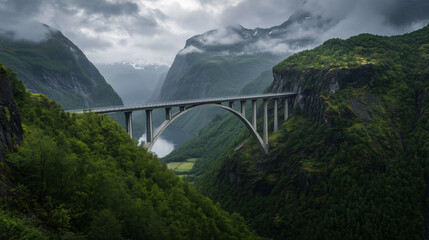 Obraz premium Norwegian Bridge Over Fjord with Mountains and Lush Vegetation